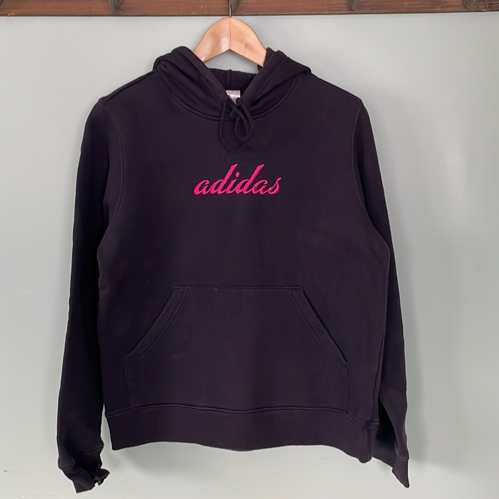 Vintage adidas script navy hooded sweatshirt, size medium